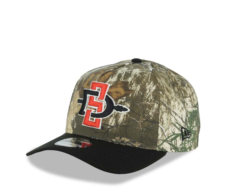 San Diego State Aztecs New Era NCAA 9FORTY 940 Adjustable A-Frame Cap Hat Real Tree Edge Camo Crown Black Visor Team Color Logo Aztec Calendar Side Patch