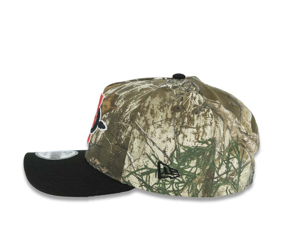 San Diego State Aztecs New Era NCAA 9FORTY 940 Adjustable A-Frame Cap Hat Real Tree Edge Camo Crown Black Visor Team Color Logo Aztec Calendar Side Patch
