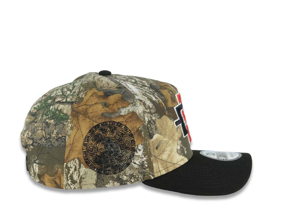 San Diego State Aztecs New Era NCAA 9FORTY 940 Adjustable A-Frame Cap Hat Real Tree Edge Camo Crown Black Visor Team Color Logo Aztec Calendar Side Patch