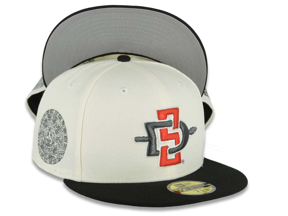 San Diego State Aztecs New Era NCAA 59FIFTY 5950 Fitted Cap Hat Cream Crown Black Visor Team Color Logo Aztec Calendar Side Patch