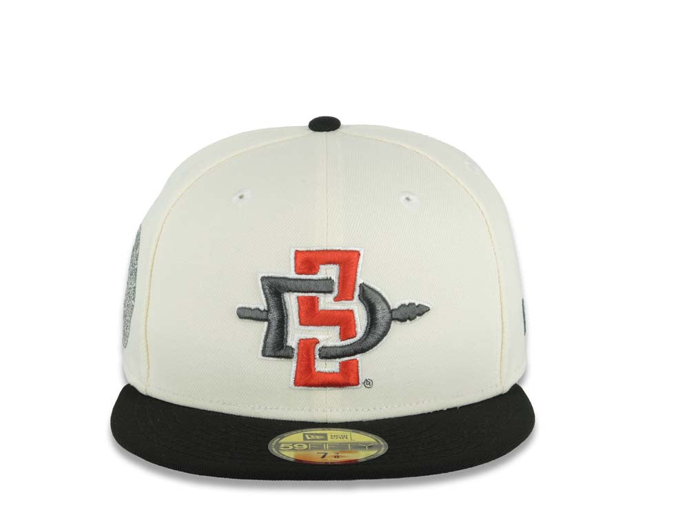 San Diego State Aztecs New Era NCAA 59FIFTY 5950 Fitted Cap Hat Cream Crown Black Visor Team Color Logo Aztec Calendar Side Patch