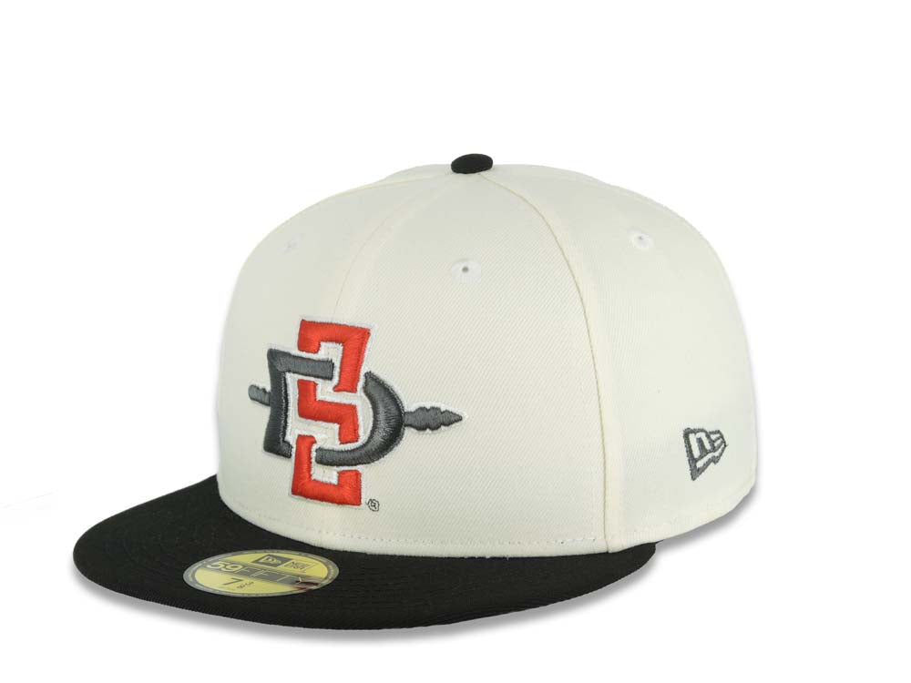 San Diego State Aztecs New Era NCAA 59FIFTY 5950 Fitted Cap Hat Cream Crown Black Visor Team Color Logo Aztec Calendar Side Patch