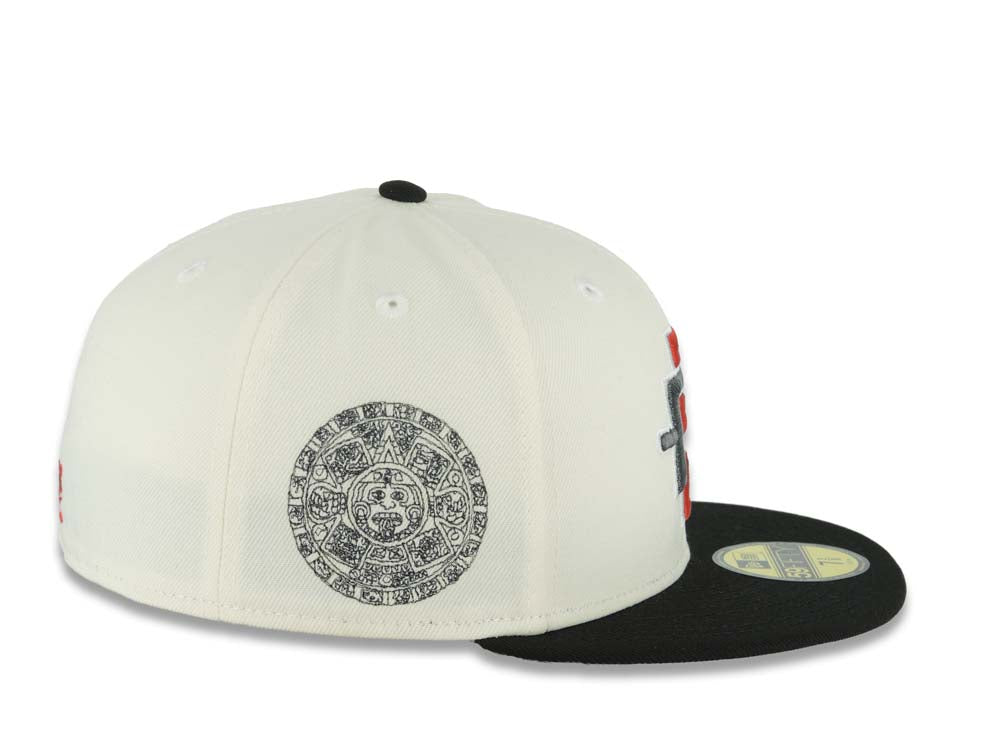 San Diego State Aztecs New Era NCAA 59FIFTY 5950 Fitted Cap Hat Cream Crown Black Visor Team Color Logo Aztec Calendar Side Patch