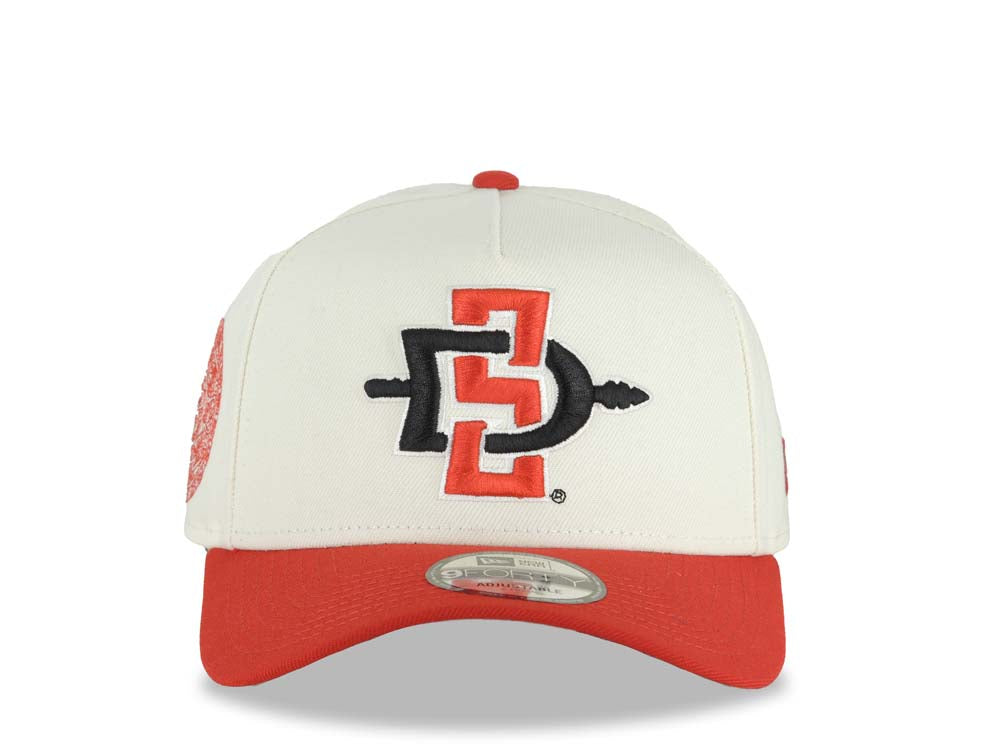 San Diego State Aztecs New Era NCAA 9FORTY 940 Adjustable A-Frame Cap Hat Cream Crown Red Visor Team Color Logo Aztec Calendar Side Patch