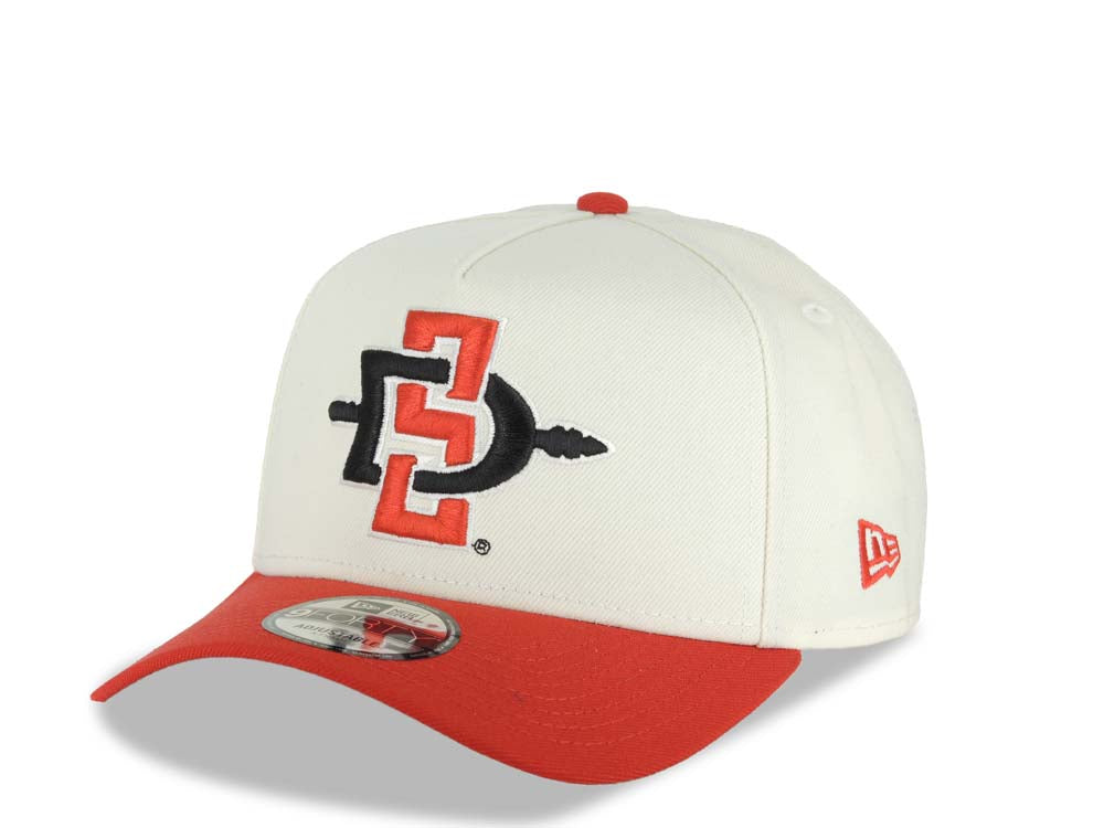 San Diego State Aztecs New Era NCAA 9FORTY 940 Adjustable A-Frame Cap Hat Cream Crown Red Visor Team Color Logo Aztec Calendar Side Patch
