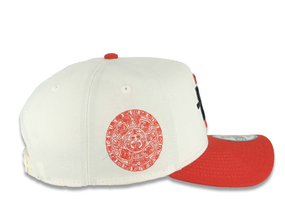 San Diego State Aztecs New Era NCAA 9FORTY 940 Adjustable A-Frame Cap Hat Cream Crown Red Visor Team Color Logo Aztec Calendar Side Patch