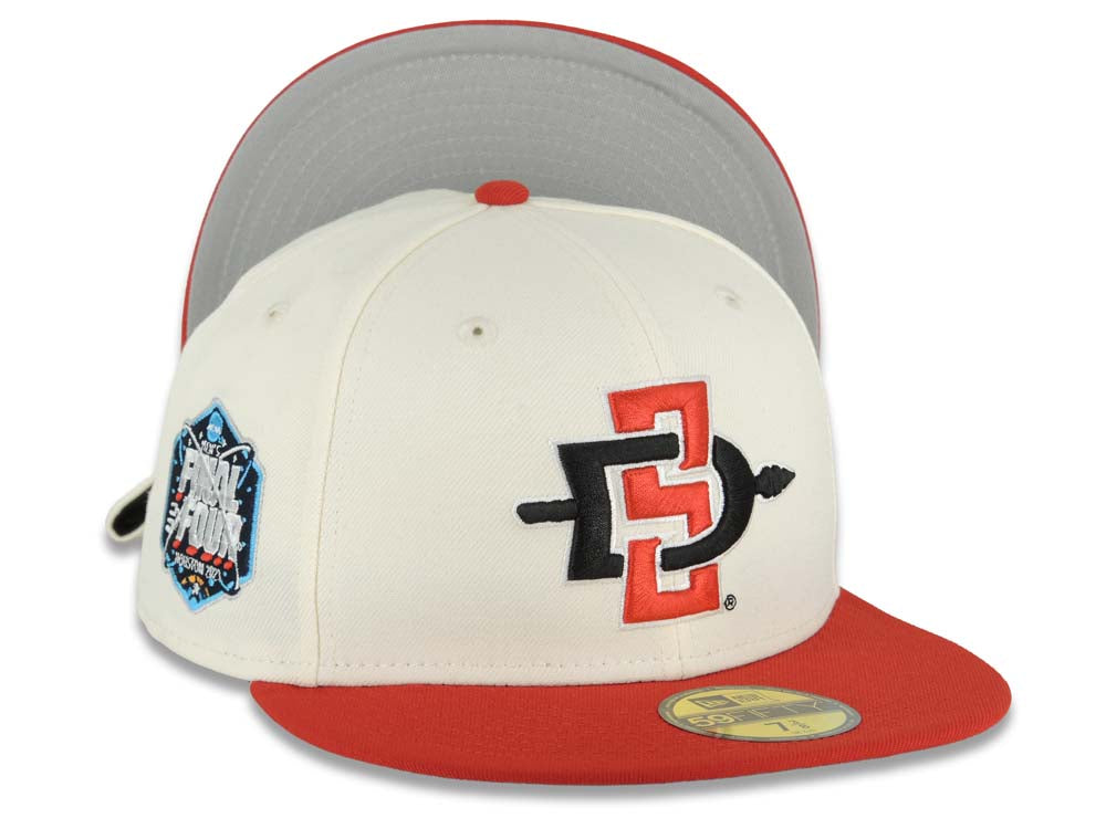 San Diego State Aztecs New Era NCAA 59FIFTY 5950 Fitted Cap Hat Cream Crown Red Visor Black/Red Logo 2023 Final Four Houston Side Patch