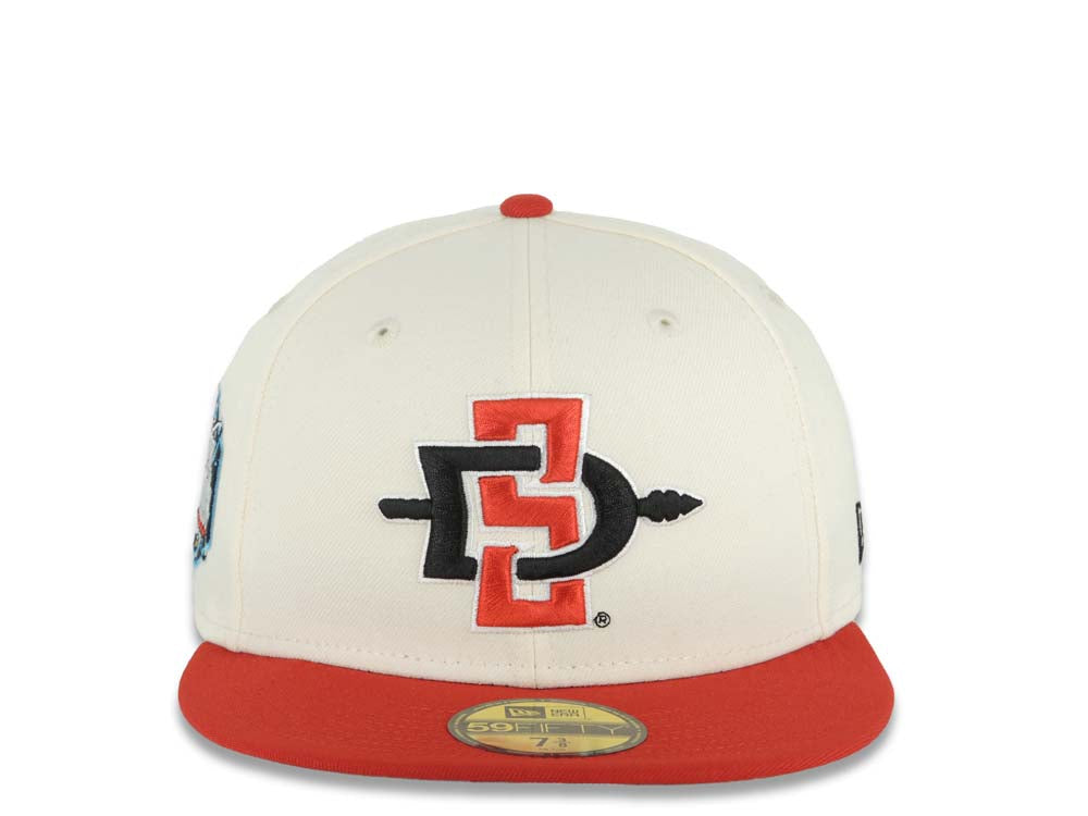 San Diego State Aztecs New Era NCAA 59FIFTY 5950 Fitted Cap Hat Cream Crown Red Visor Black/Red Logo 2023 Final Four Houston Side Patch