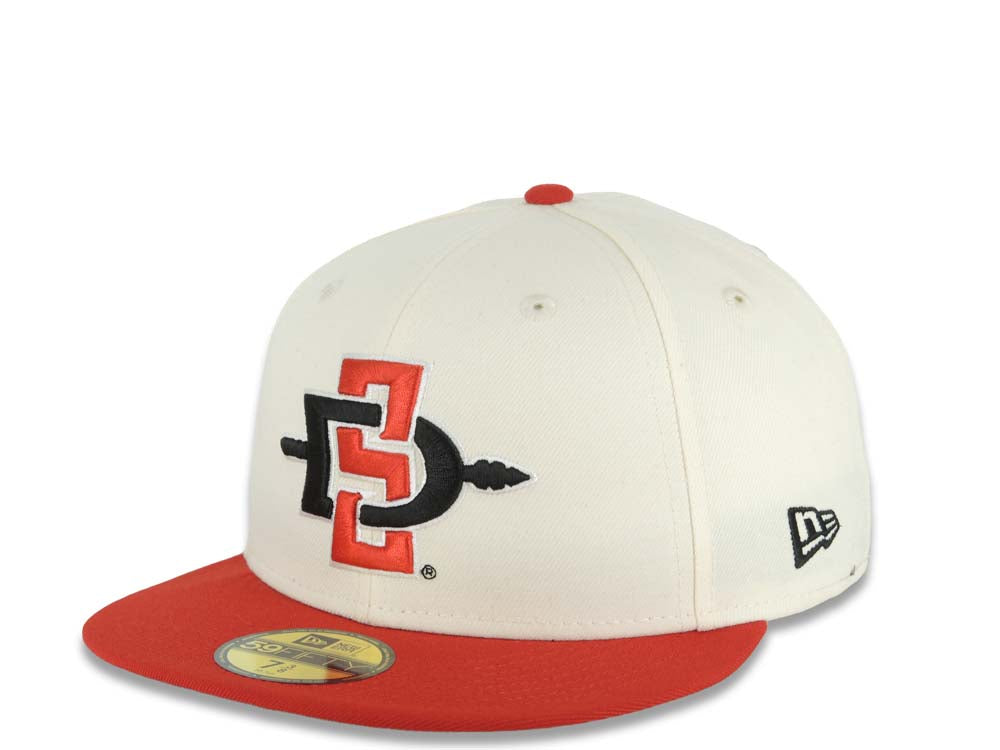 San Diego State Aztecs New Era NCAA 59FIFTY 5950 Fitted Cap Hat Cream Crown Red Visor Black/Red Logo 2023 Final Four Houston Side Patch
