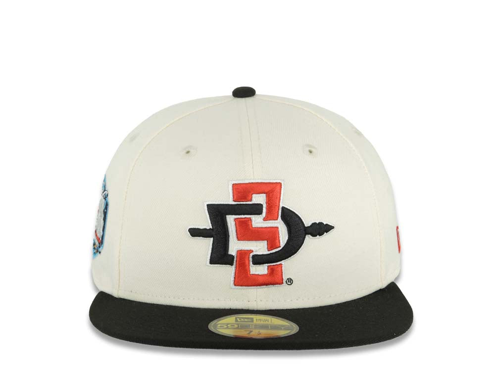 San Diego State Aztecs New Era NCAA 59FIFTY 5950 Fitted Cap Hat Cream Crown Black Visor Black/Red Logo 2023 Final Four Houston Side Patch