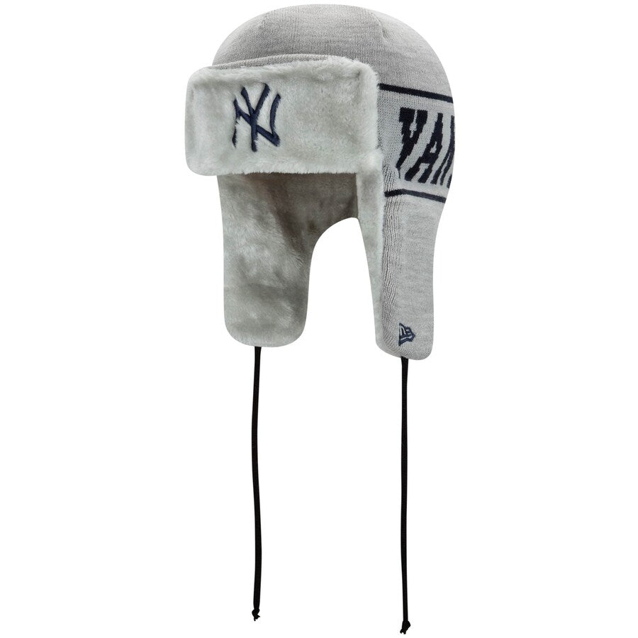 New York Yankees New Era MLB Ear Trapper Knit Beanie Hat Gray Crown/Visor Navy Logo