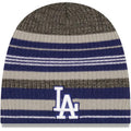 Los Angeles Dodgers New Era MLB Uncuffed Skull Knit Beanie Hat Royal Blue/Gray Striped Crown/Visor White/Royal Blue Logo
