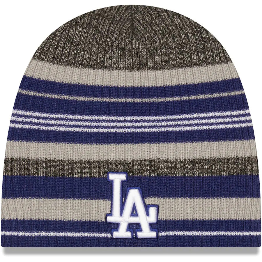 Los Angeles Dodgers New Era MLB Uncuffed Skull Knit Beanie Hat Royal Blue/Gray Striped Crown/Visor White/Royal Blue Logo