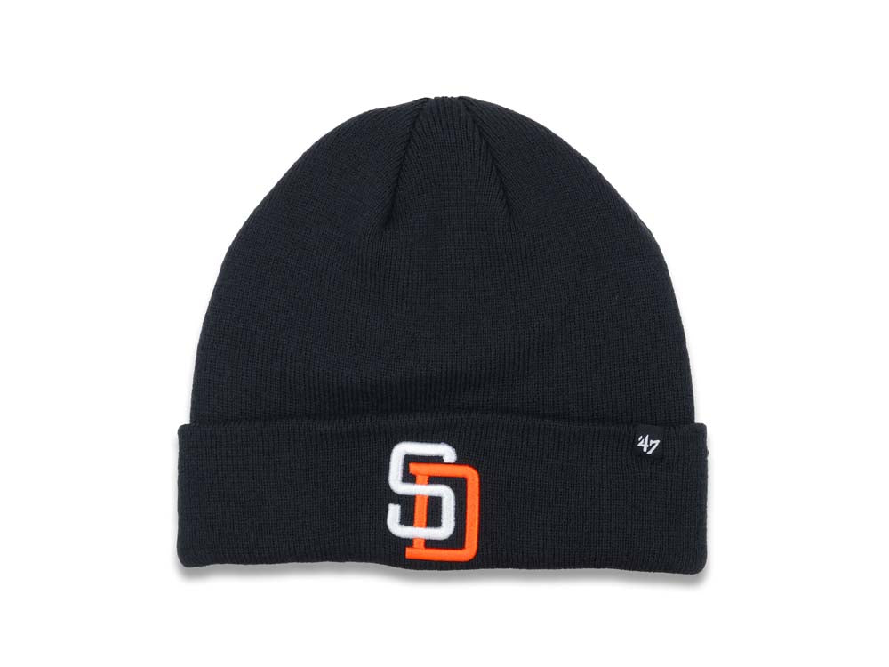 San Diego Padres '47 Brand MLB Cuffed Basic Knit Beanie Dark Navy Blue Crown/Visor White/Orange Logo (Solid Color)