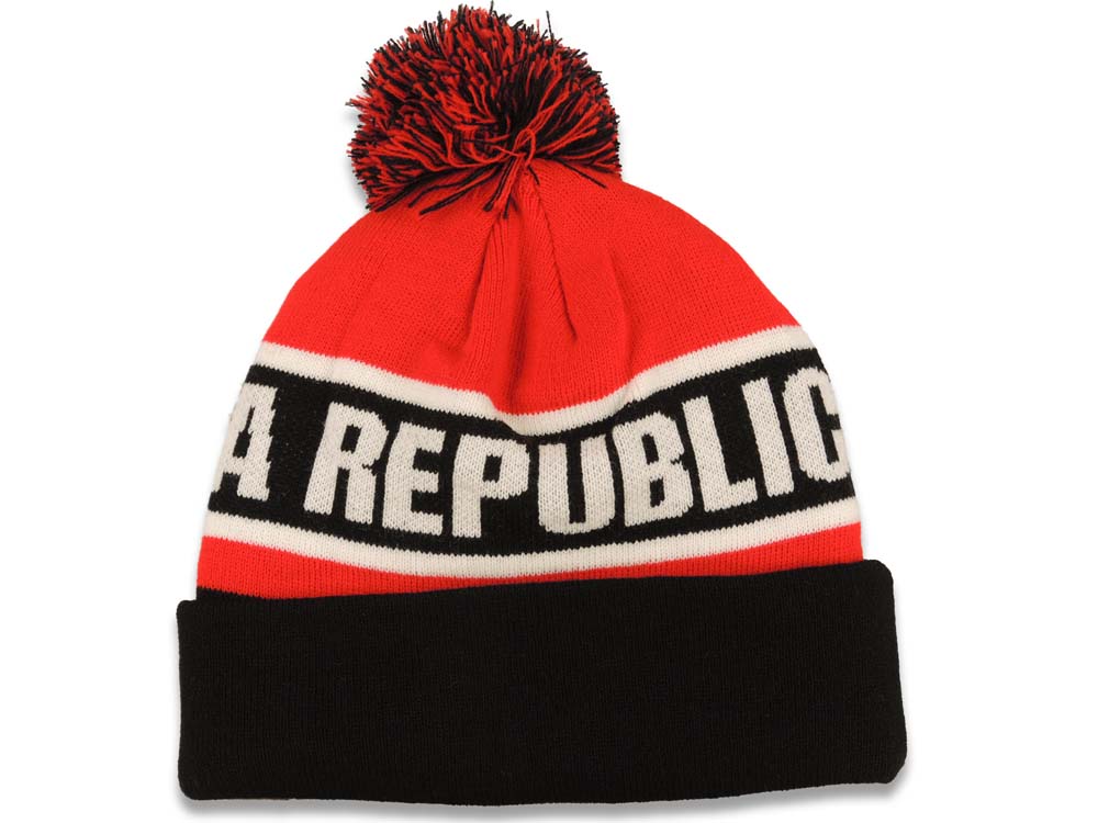 California Republic Pom Cuffed Beanie/Knit Red/Black/White Crown/Visor California Bear with Star Logo