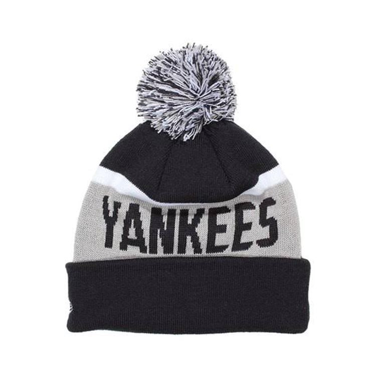New York Yankees New Era MLB Cuffed Pom Knit Beanie Hat Navy Blue/Gray/White Crown/Visor White Logo (Biggest Fan Redux)