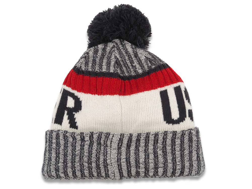 United States USA New Era 2017 Sideline Cuffed Pom Knit Hat Black/White Crown/Visor Team Color Logo