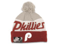 Philadelphia Phillies New Era MLB Cuffed Pom Beanie Knit Hat White/Red/Brown Crown/Visor Script A3 Team Color Logo