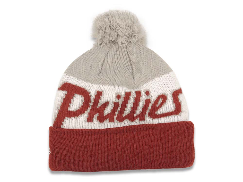 Philadelphia Phillies New Era MLB Cuffed Pom Beanie Knit Hat White/Red/Brown Crown/Visor Script A3 Team Color Logo