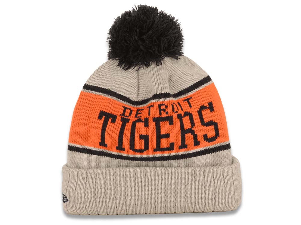 Detroit Tigers New Era MLB Cuffed Pom Beanie/Knit Hat Gray/Orange/Black Crown/Visor Black Logo (Stripe A3)