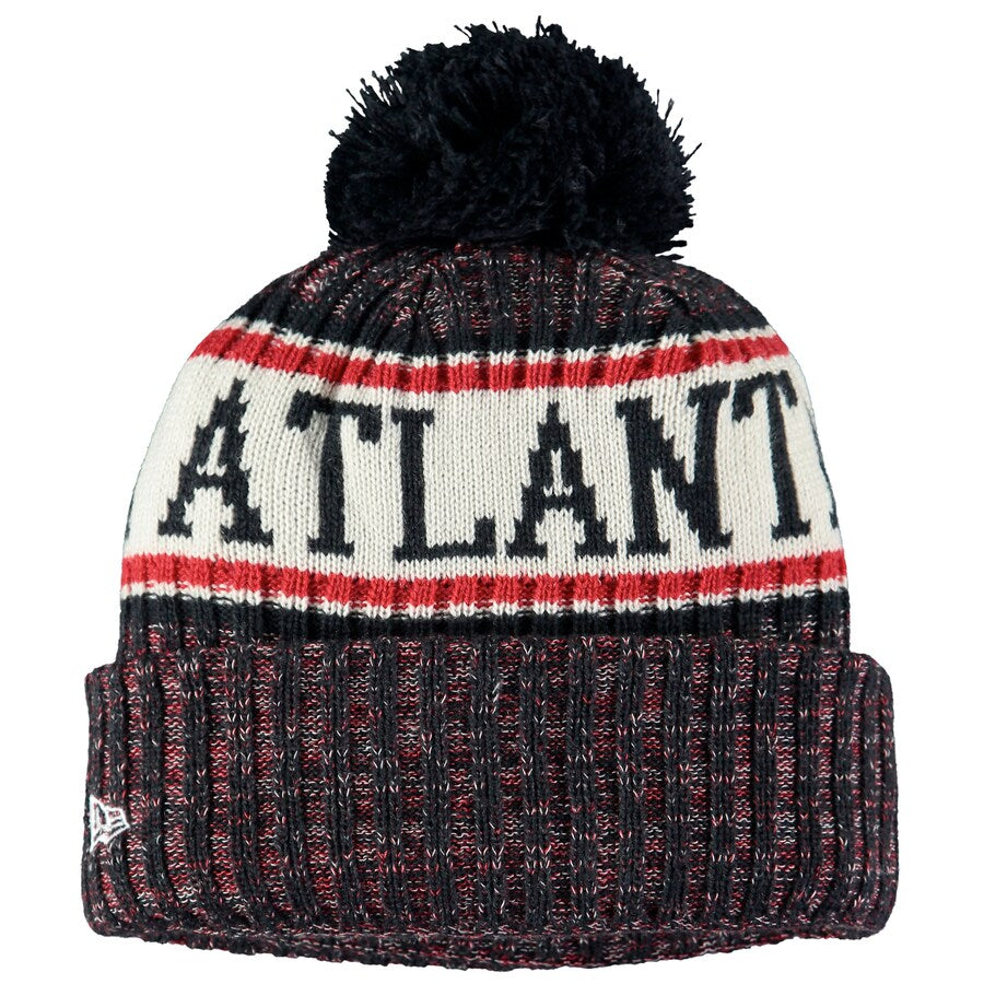 Atlanta Braves New Era MLB 2018 Sideline Cuffed Pom Knit Hat Navy Blue/White/Red Crown/Visor Team Color Logo