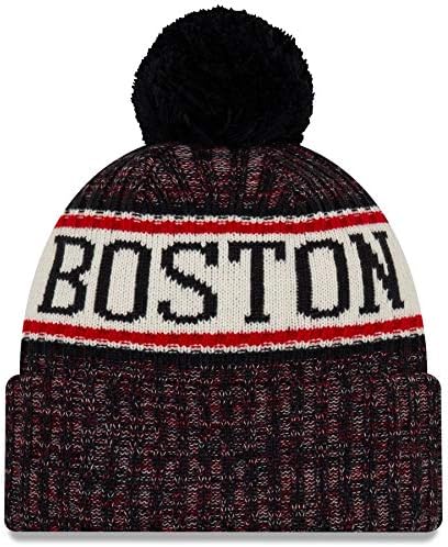 Boston Red Sox New Era MLB Cuffed Pom Knit Hat Navy Blue/Red/White Crown/Visor Red/Black Logo (2018 Sideline)
