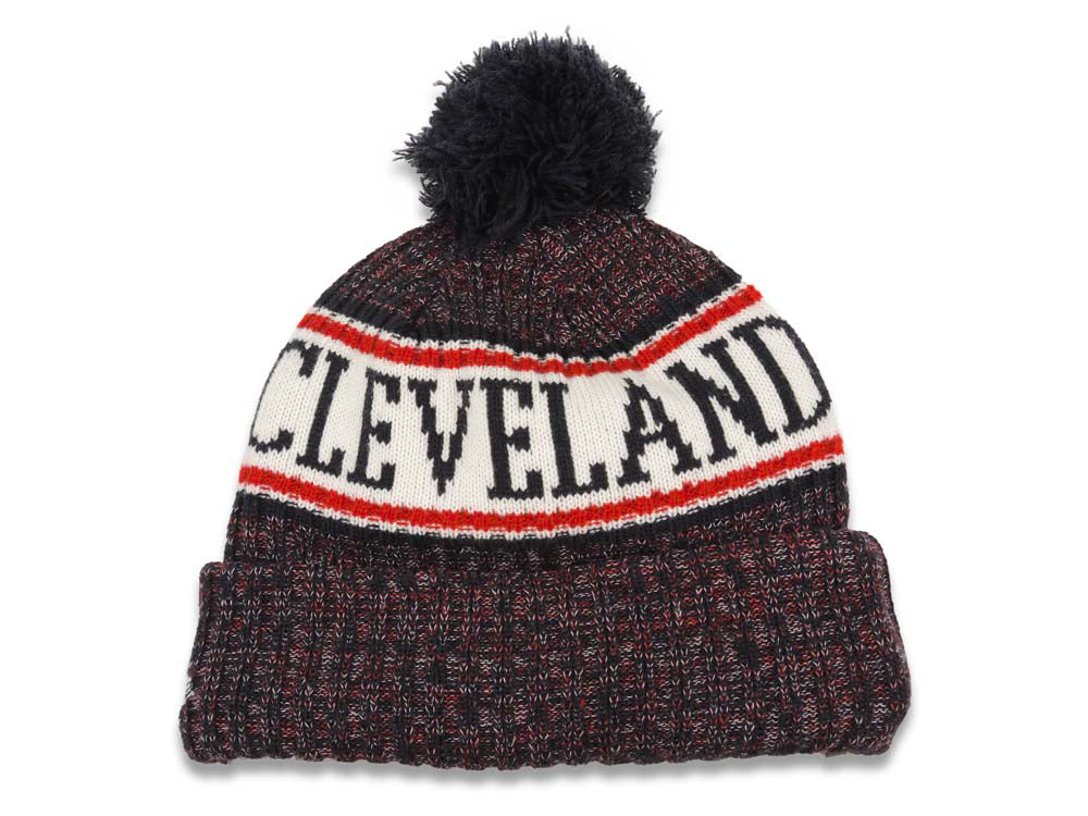 Cleveland Indians New Era MLB 2018 Sideline Cuffed Pom Knit Hat Black/White/Red Crown/Visor Team Color Logo