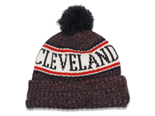 Cleveland Indians New Era MLB 2018 Sideline Cuffed Pom Knit Hat Black/White/Red Crown/Visor Team Color Logo
