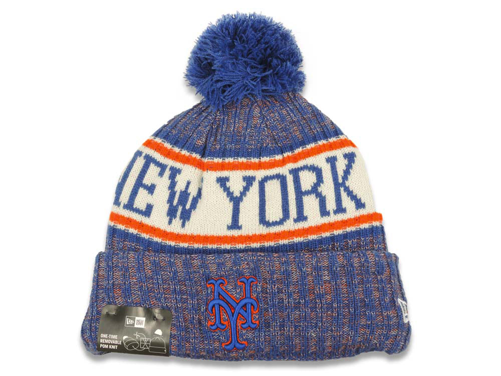 New York Mets New Era MLB 2018 Sideline Cuffed Pom Knit Hat Blue/White/Red Crown/Visor Team Color Logo