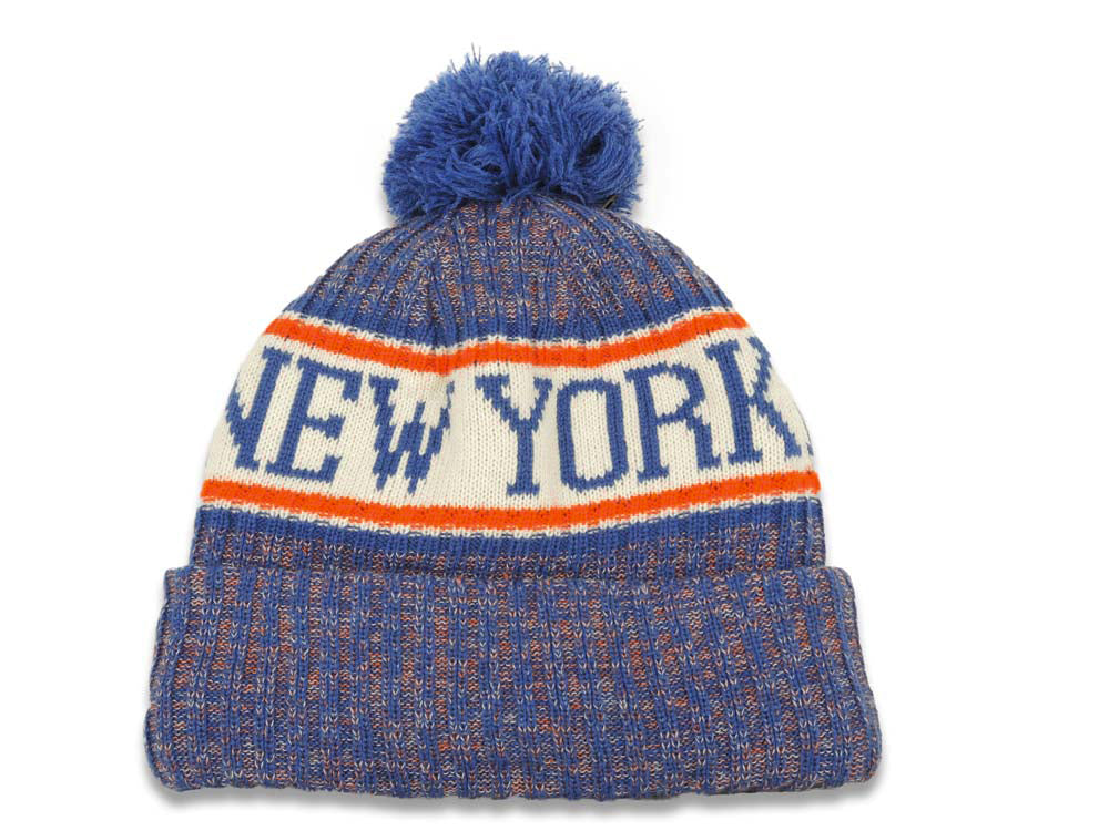 New York Mets New Era MLB 2018 Sideline Cuffed Pom Knit Hat Blue/White/Red Crown/Visor Team Color Logo
