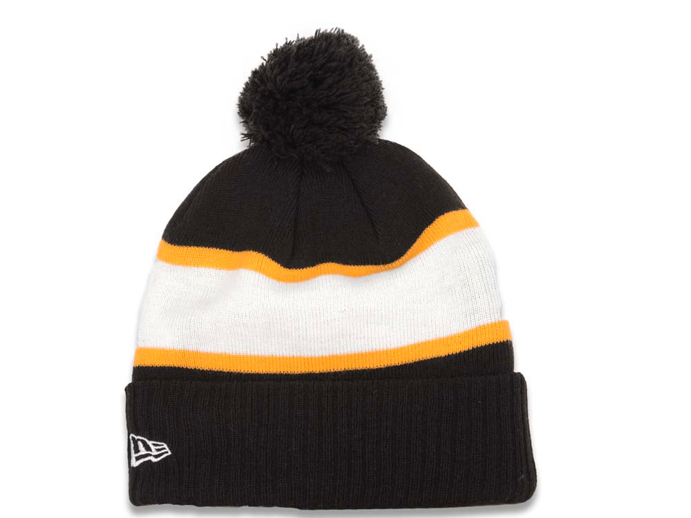 Pittsburgh Pirates New Era MLB Cuffed Pom Knit Pride Hat Black/White/Yellow Crown/Visor Team Color Logo