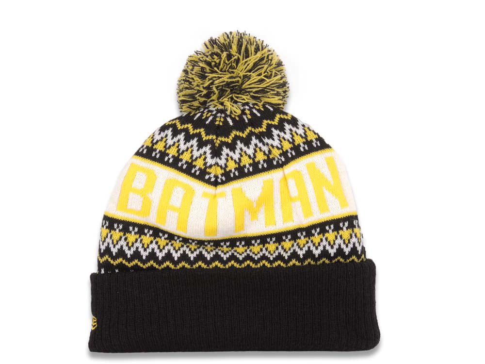 Batman New Era Cuffed Wintry Pom Knit Hat Black/Yellow Crown/Visor Yellow/Black Logo