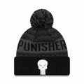 Punisher New Era Cuffed Pom Wintry Knit Beanie Hat Black/Gray Crown/Visor White Skull Logo