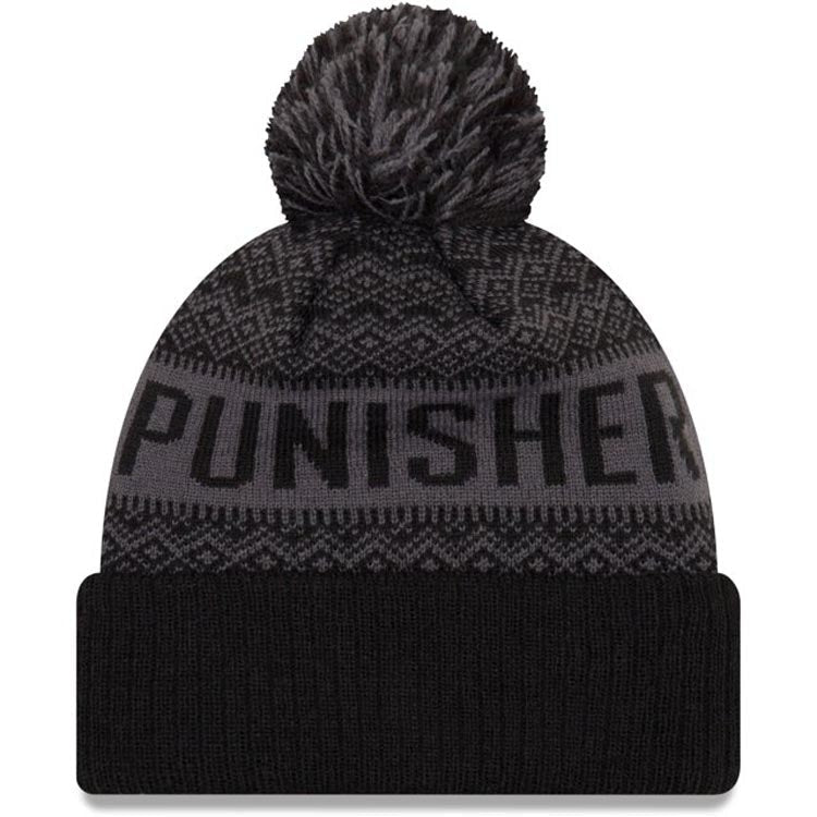Punisher New Era Cuffed Pom Wintry Knit Beanie Hat Black/Gray Crown/Visor White Skull Logo