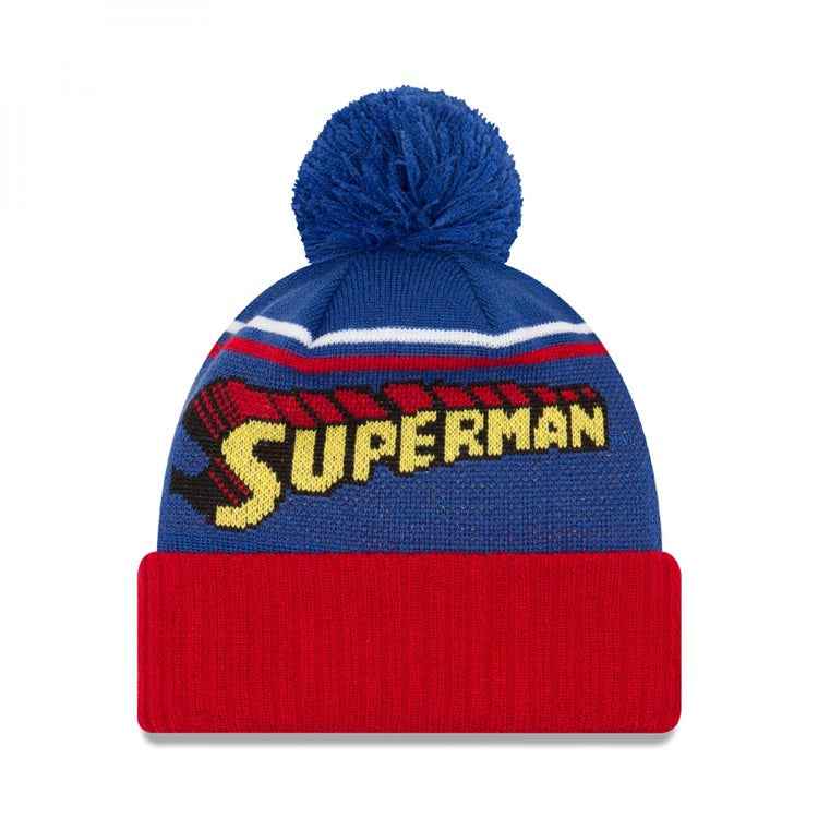 Superman New Era Cuffed Pom Knit Beanie Hat Yellow/Red/Royal Blue Crown/Visor Yellow/Red Logo