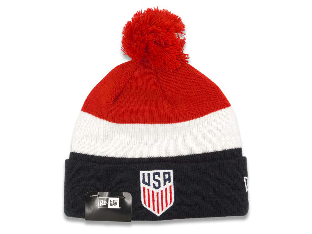 United States USA New Era Tri Block Cuffed Pom Knit Hat Red/White/Black Crown/Visor Team Color Logo