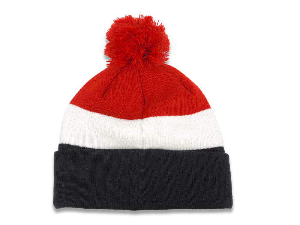 United States USA New Era Tri Block Cuffed Pom Knit Hat Red/White/Black Crown/Visor Team Color Logo