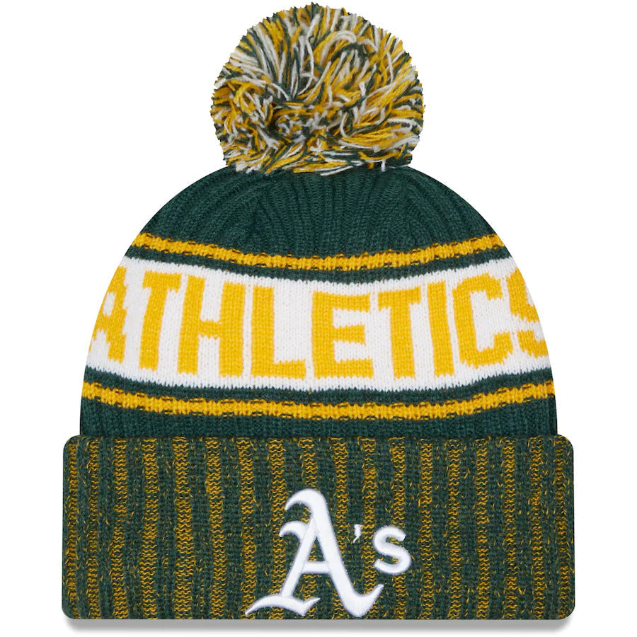 Oakland A's Athletics New Era MLB Cuffed Pom Knit Beanie Hat Green/Yellow/White Crown/Visor White Logo (Knit Marl)