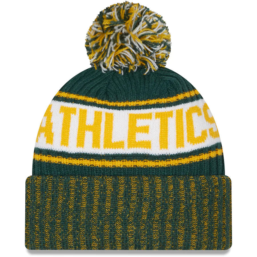 Oakland A's Athletics New Era MLB Cuffed Pom Knit Beanie Hat Green/Yellow/White Crown/Visor White Logo (Knit Marl)