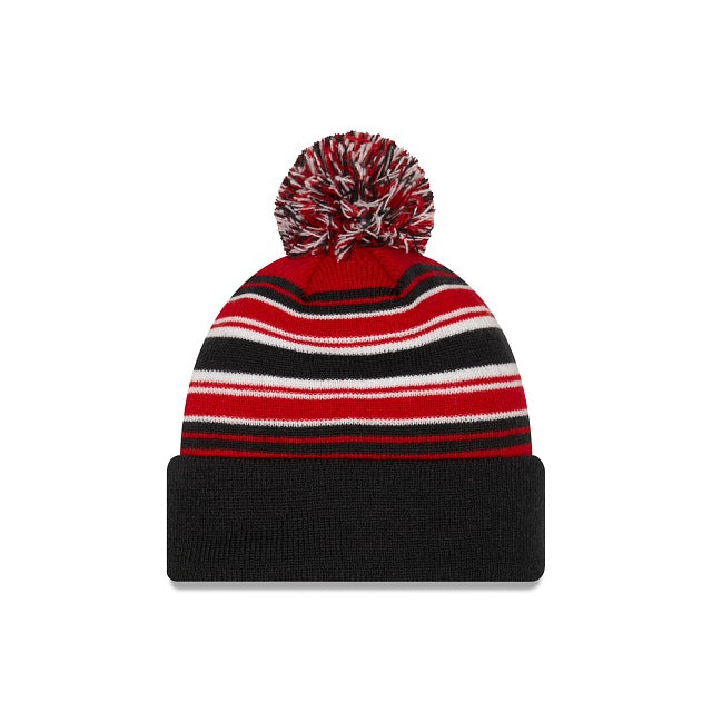 Boston Red Sox New Era MLB Cuffed Pom Knit Hat Navy/Red/White Stripes Crown Black Cuff Team Color Logo