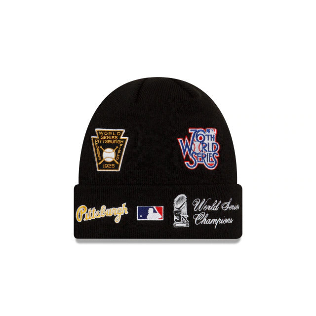 Pittsburgh Pirates New Era MLB Cuffed Knit Hat Black Crown/Cuff Team Color Cooperstown Logo Champions Side Patches