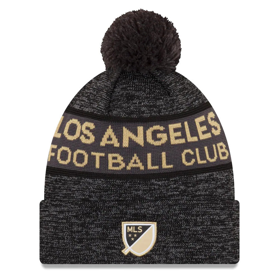 Los Angeles Football Club New Era MLS Cuffed Pom Knit Hat Gray/Black Crown/Visor Metallic Gold Logo (Kick Off)
