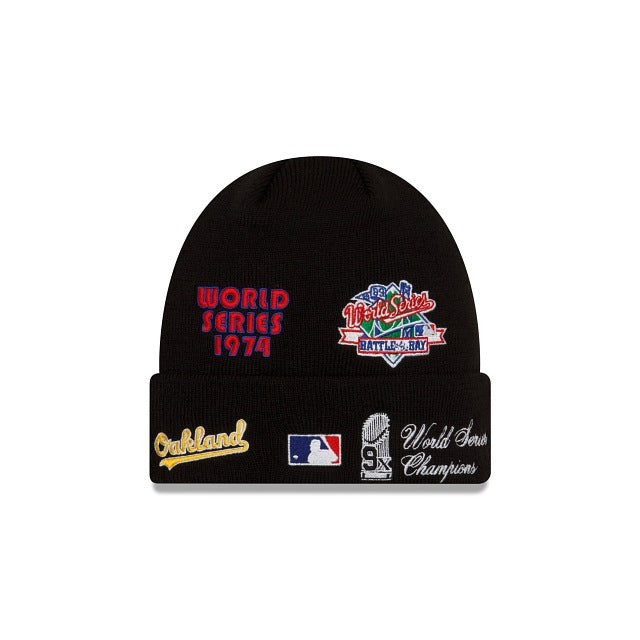 Oakland Athletics New Era MLB Cuffed Pom Knit Hat Black Crown/Visor White Logo World Series Champions Patches