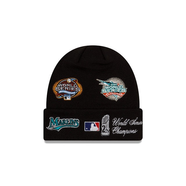 Florida Marlins New Era MLB Cuffed Pom Knit Hat Black Crown/Visor Team Color Logo World Series Champions  Patches