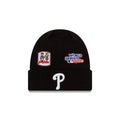 Philadelphia Phillies New Era MLB Cuffed Pom Knit Hat Black Crown/Visor White Cooperstown Logo World Series Champions Patches