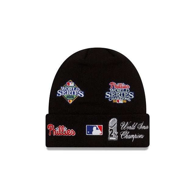 Philadelphia Phillies New Era MLB Cuffed Pom Knit Hat Black Crown/Visor White Cooperstown Logo World Series Champions Patches