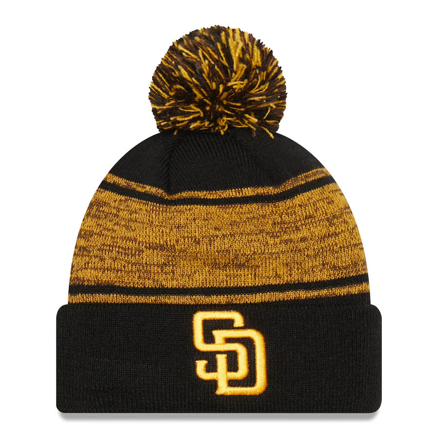 San Diego Padres New Era MLB Cuffed Pom Knit Beanie Hat Black/Brown/Yellow Crown/Cuff Team Color Logo (Chilled)