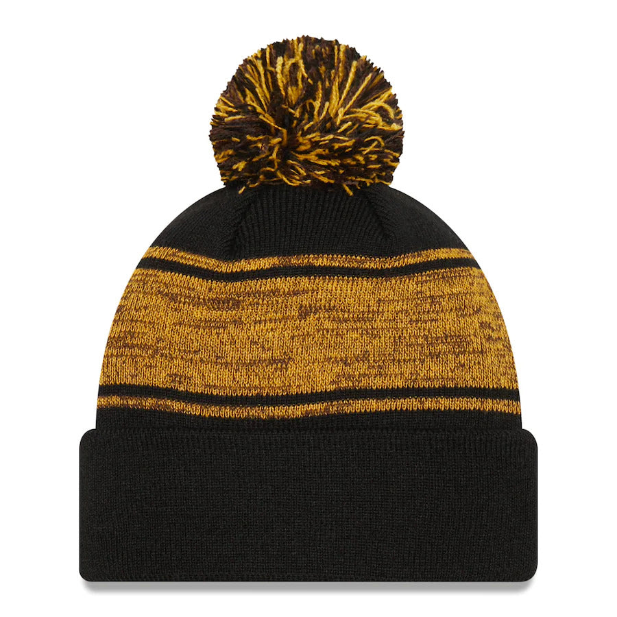 San Diego Padres New Era MLB Cuffed Pom Knit Beanie Hat Black/Brown/Yellow Crown/Cuff Team Color Logo (Chilled)