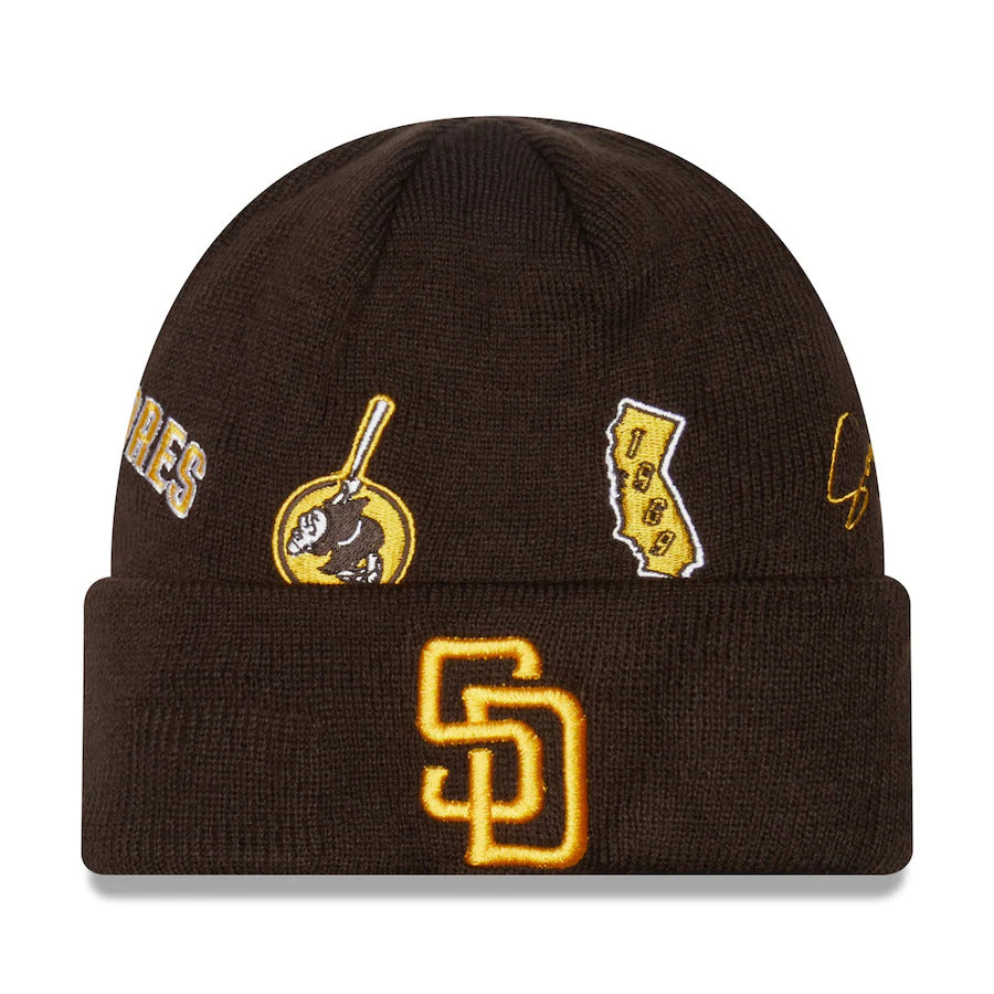 San Diego Padres New Era MLB Cuffed Knit Beanie Hat Brown Crown/Visor Yellow Logo (Identity)