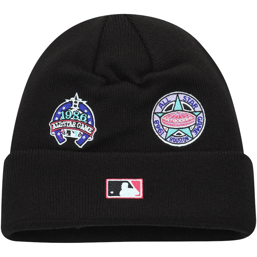 Houston Astros New Era MLB Cuffed Knit Beanie Hat Black Crown/Visor Multi-Color Logo With Multiple Patches (Polar Lights)